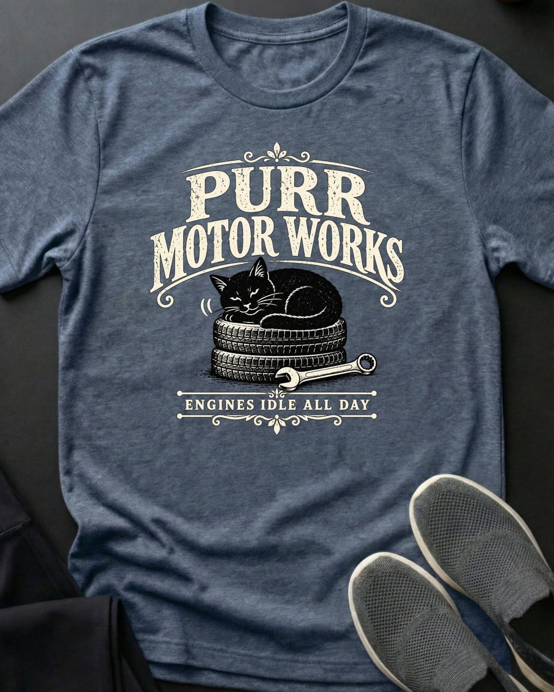 Purr Motor Works Tee in Heather Indigo