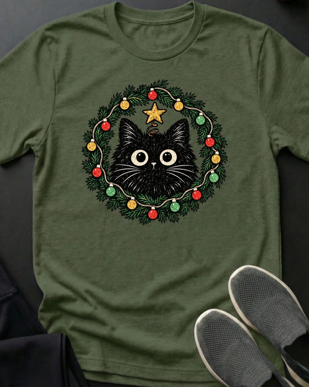 Holly Jolly Kitty Tee in Military Green