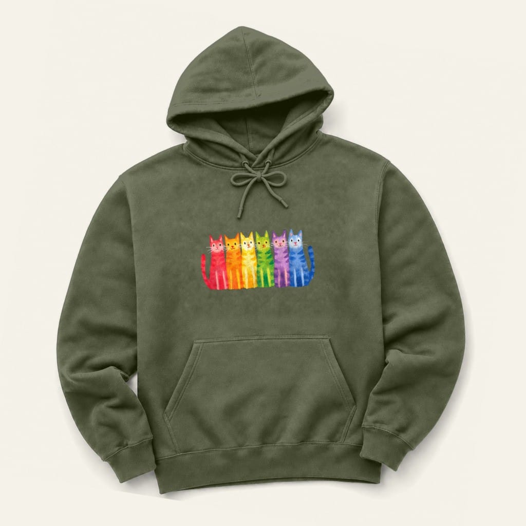 Rainbow Kitties Hoodie in Military Green