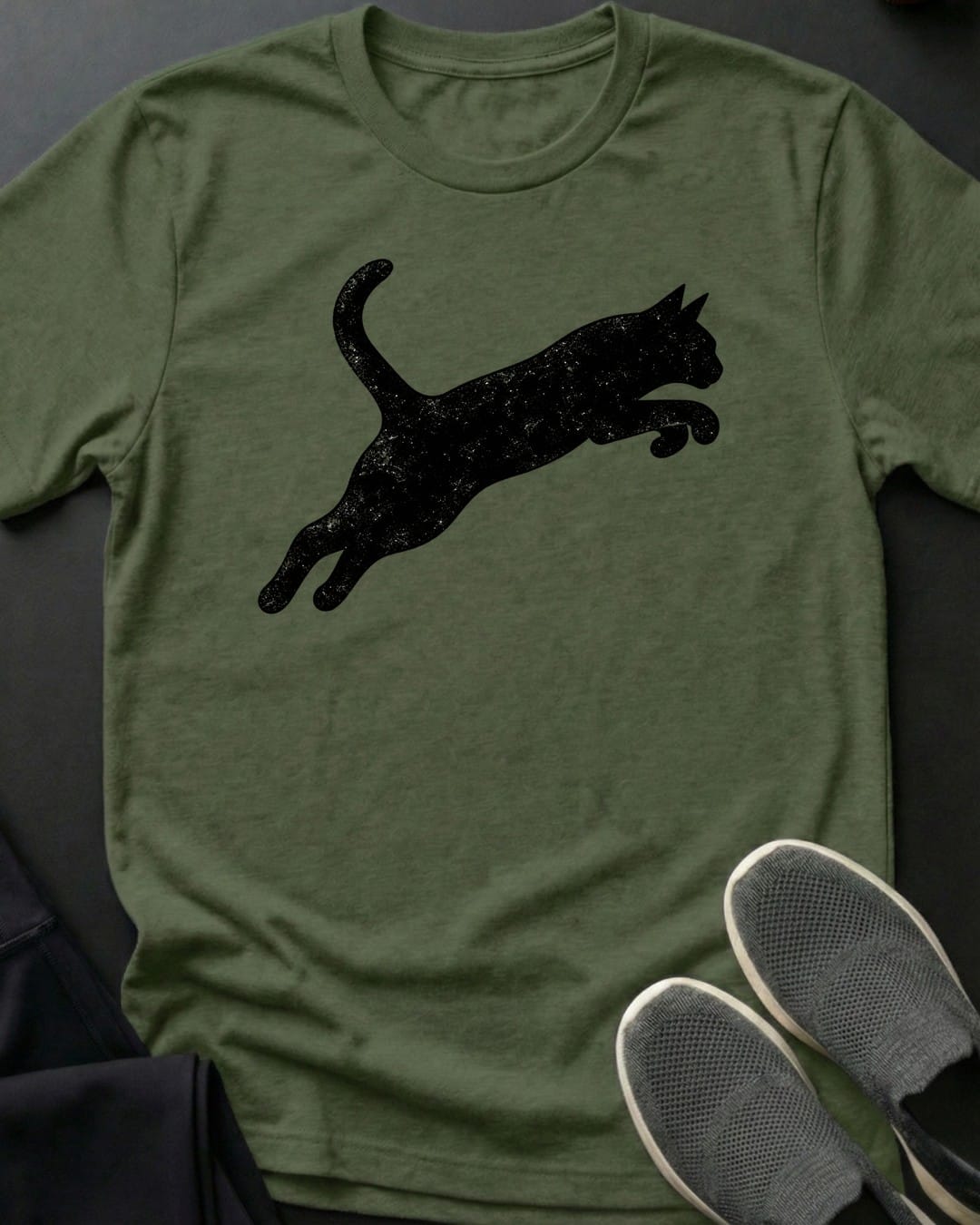 Leaping Cat Tee in Military Green