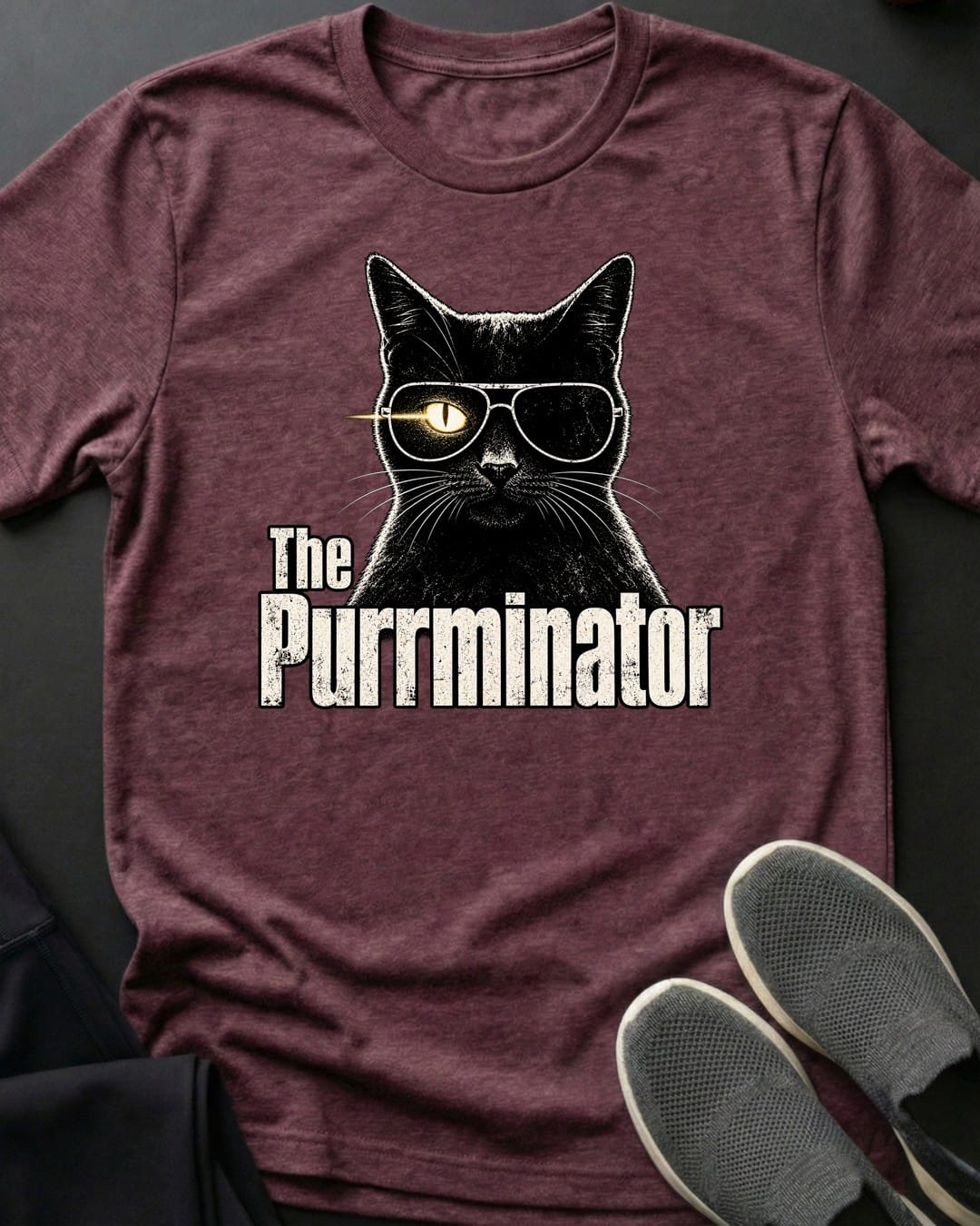 The Purrminator Tee in Heather Maroon