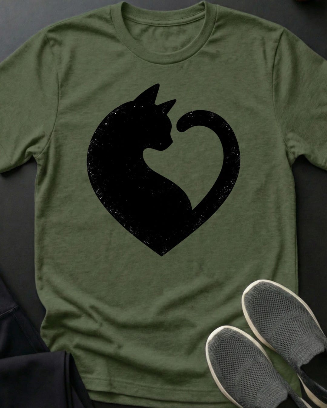 Cat Heart Tee in Military Green