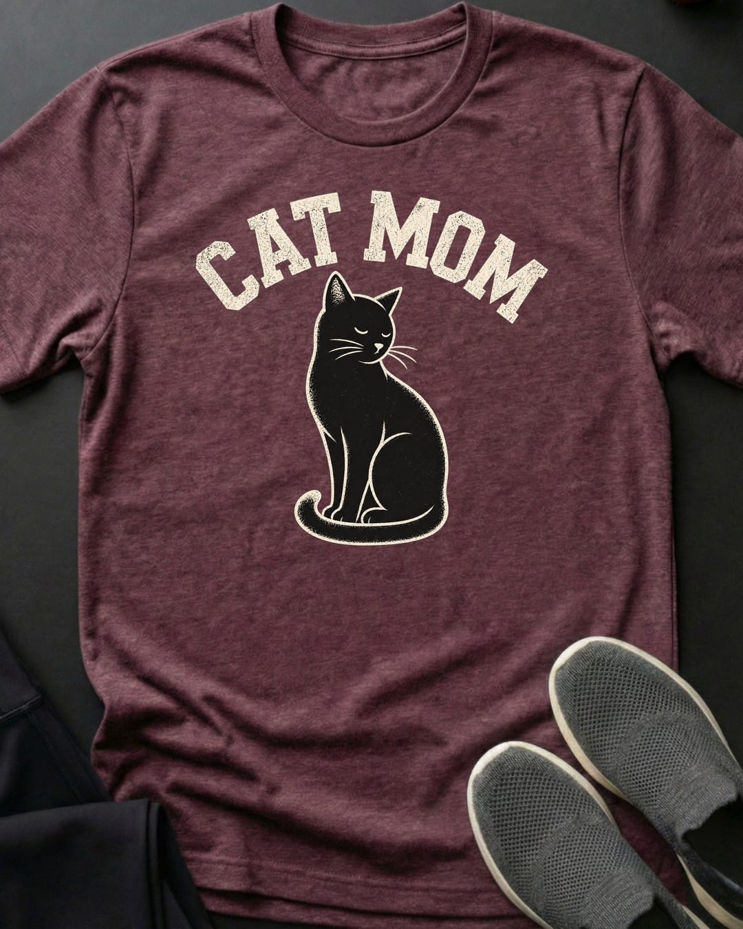 Black Cat Mom Tee in Heather Maroon