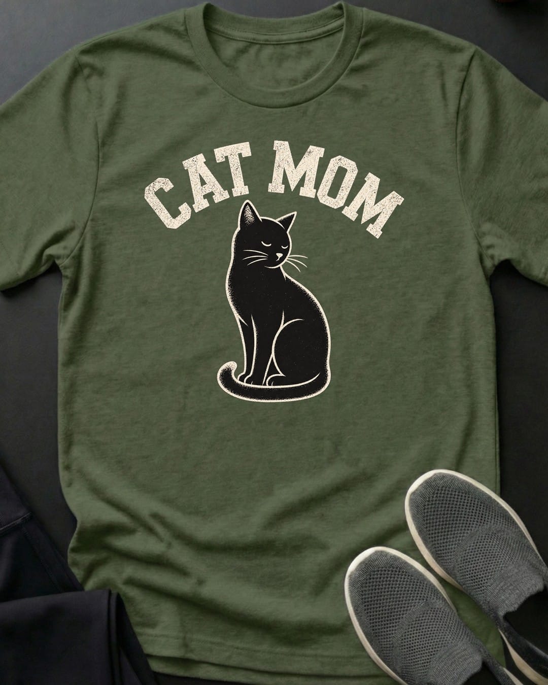 Black Cat Mom Tee in Military Green