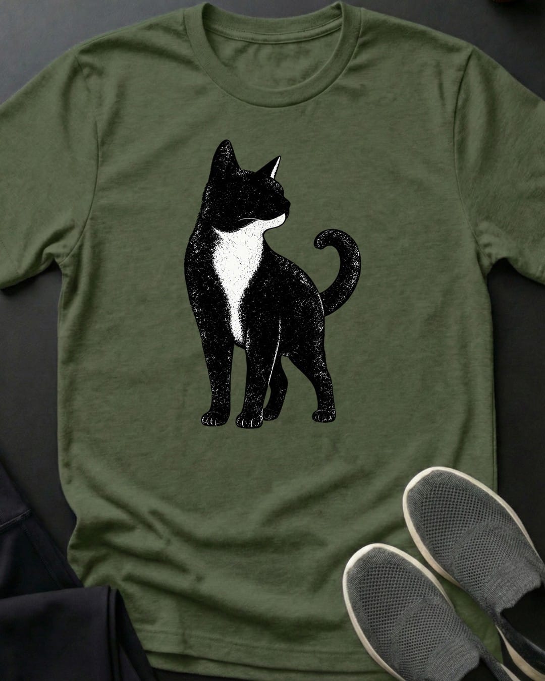 Tuxedo Cat Tee in Military Green