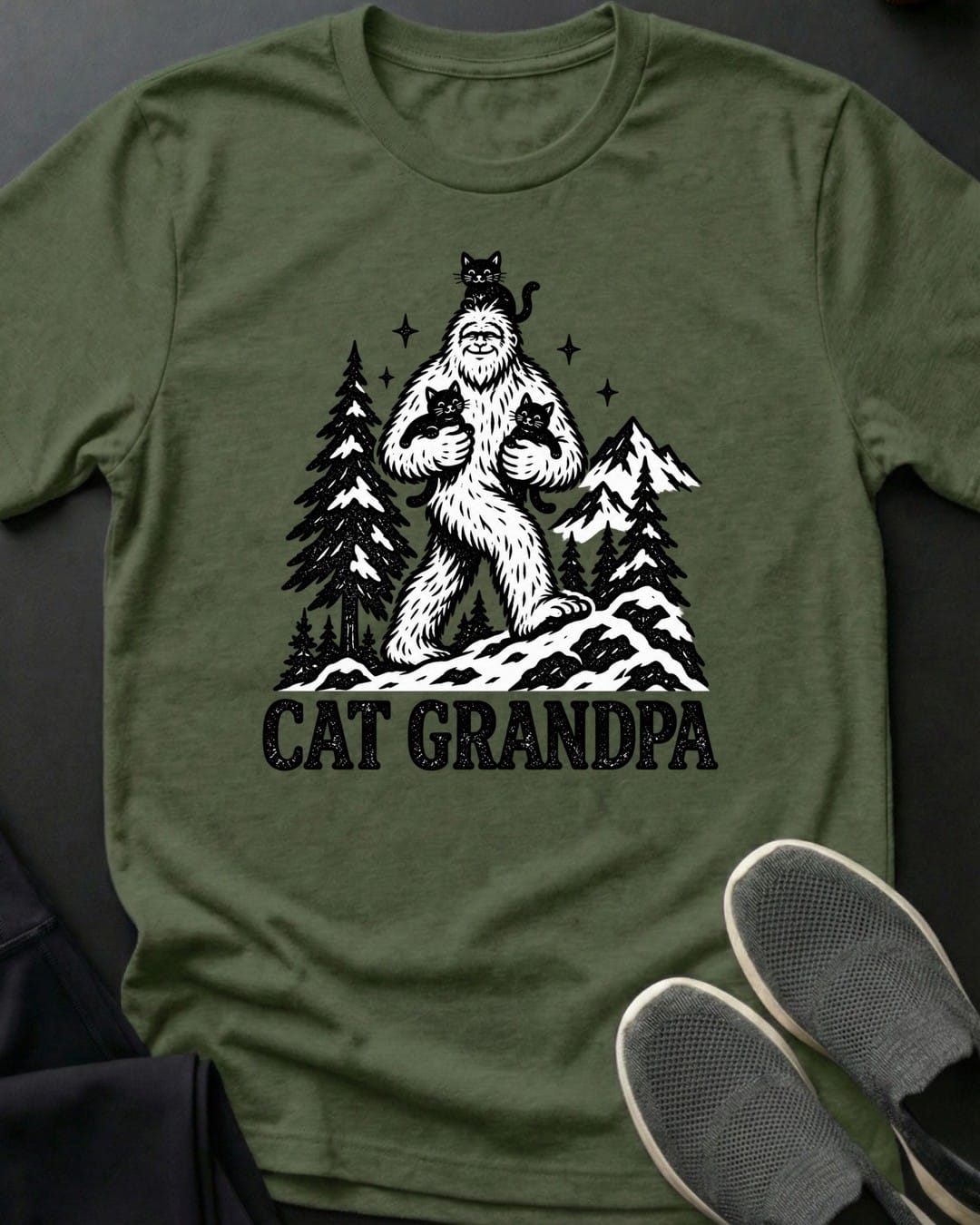 Cat Grandpa Tee in Military Green