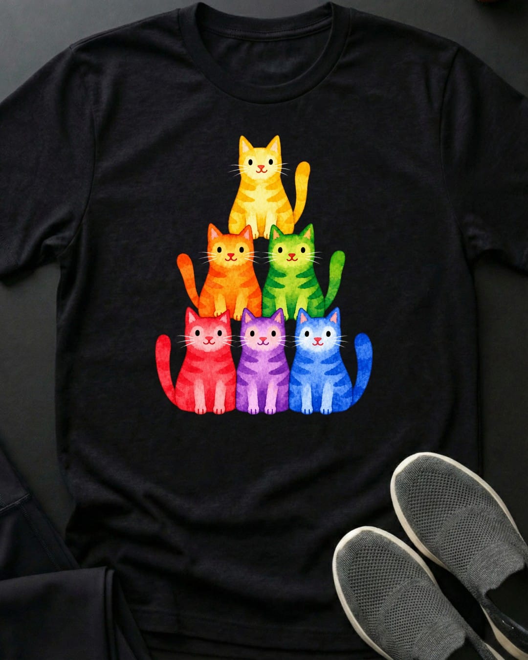 Rainbow Cat Stack Tee in Black