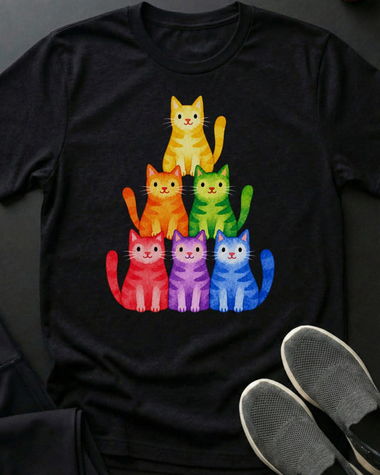 Rainbow Cat Stack Tee in Black
