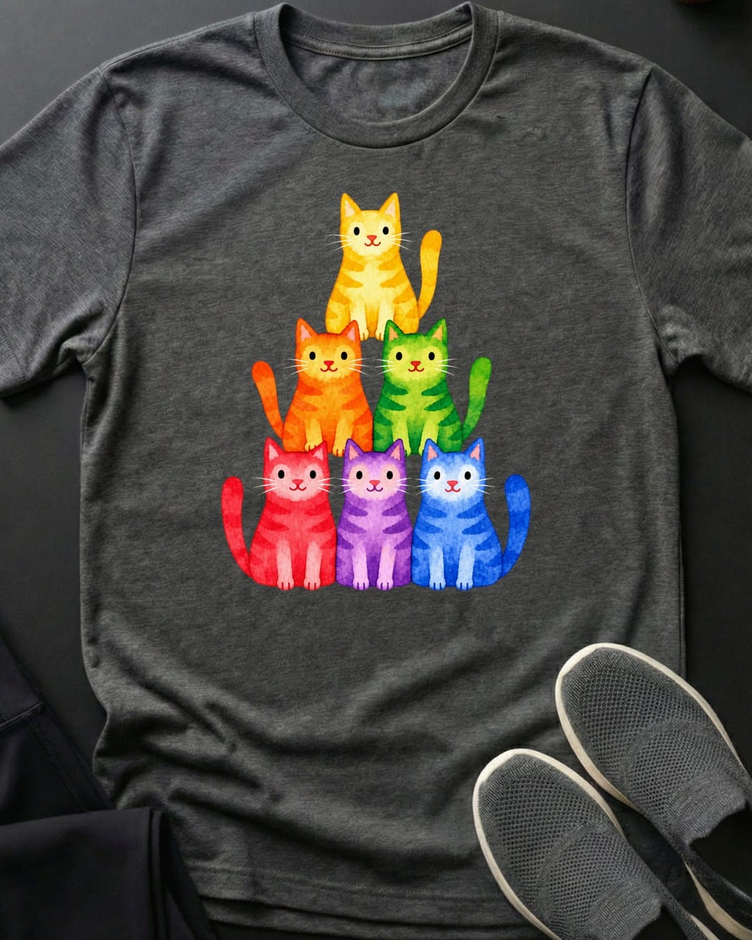 Rainbow Cat Stack Tee in Dark Heather