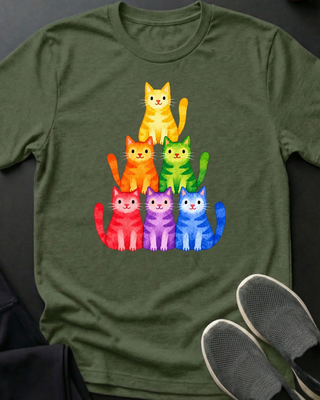 Rainbow Cat Stack Tee in Military Green