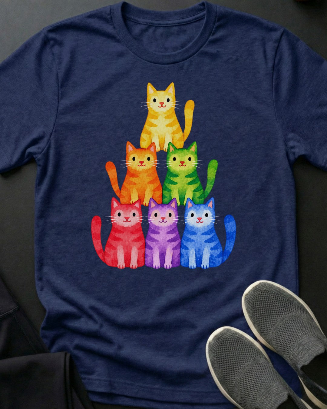 Rainbow Cat Stack Tee in Navy