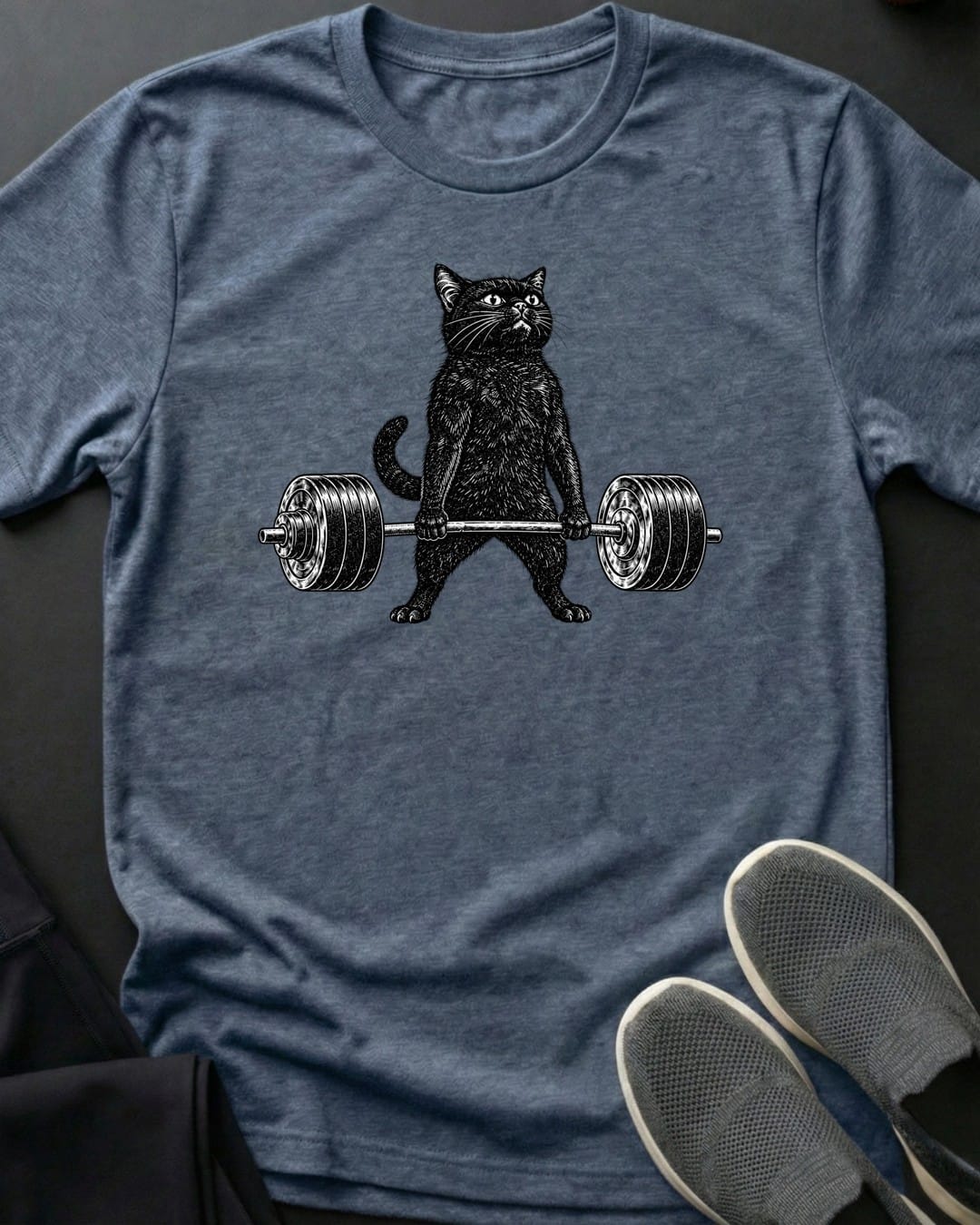 Deadlift Cat Tee in Heather Indigo