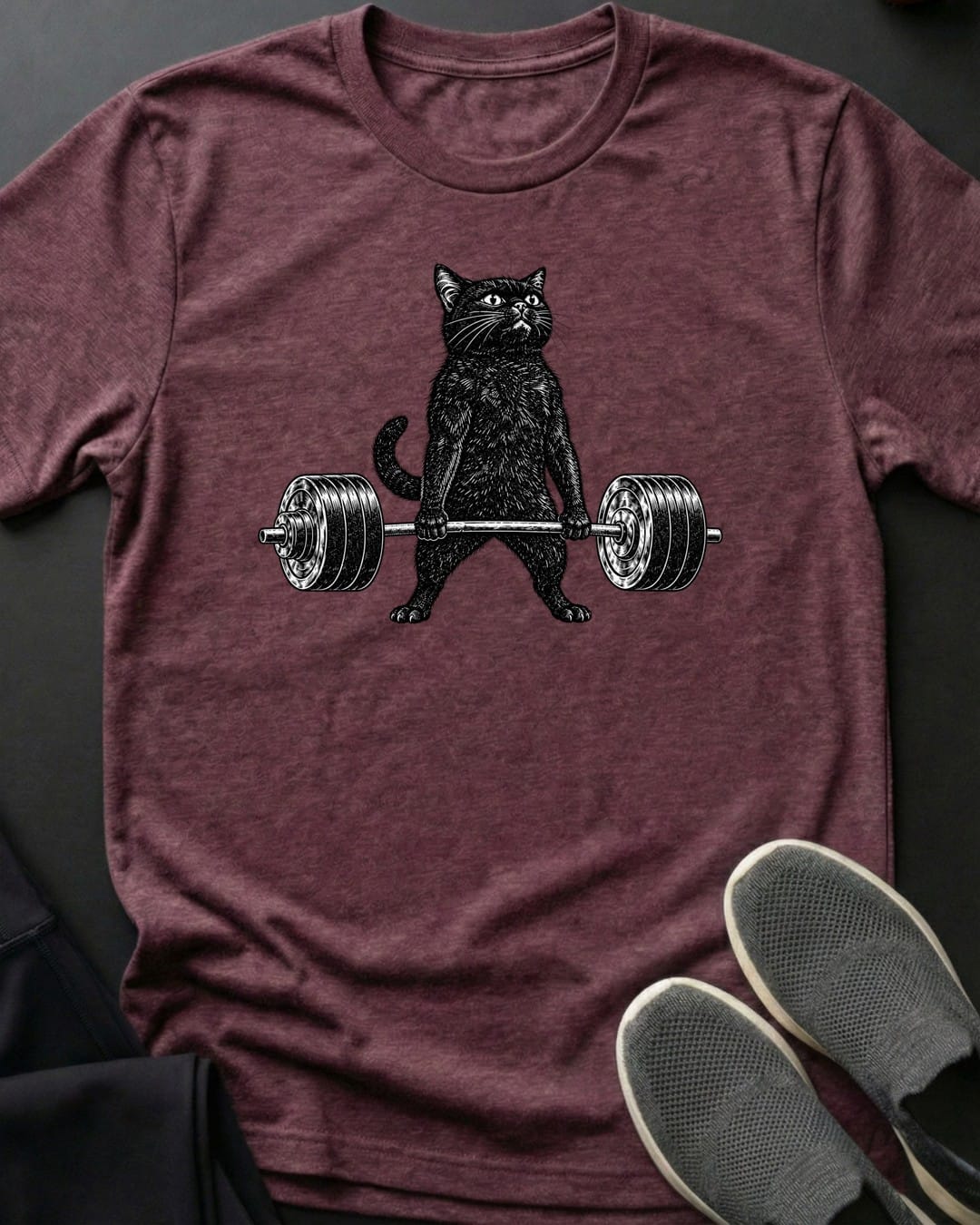 Deadlift Cat Tee in Heather Maroon