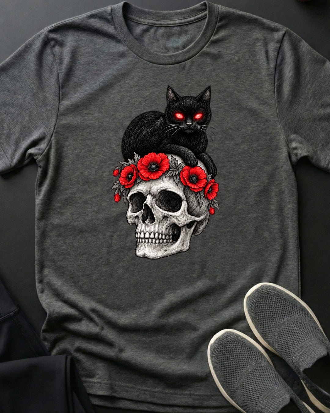 Poppy Skull Cat Tee in Dark Heather