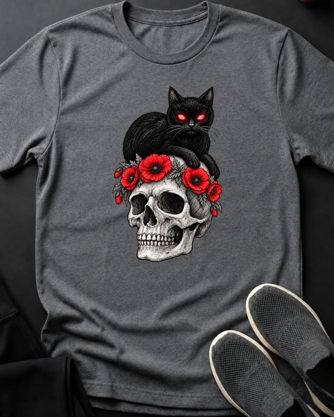 Poppy Skull Cat Tee in Graphite Heather