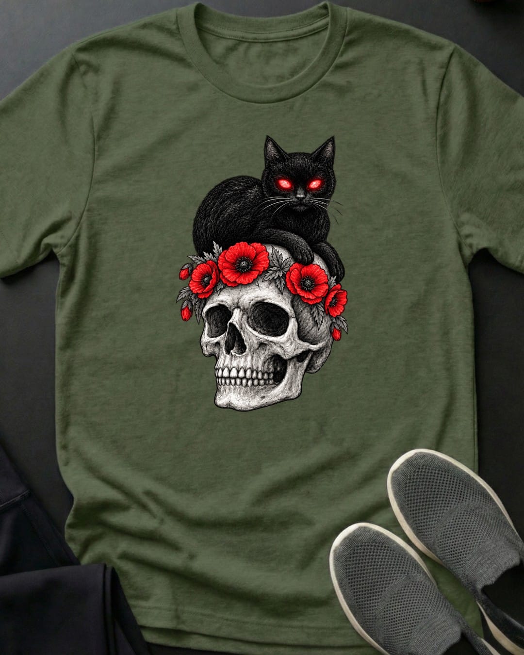 Poppy Skull Cat Tee in Military Green
