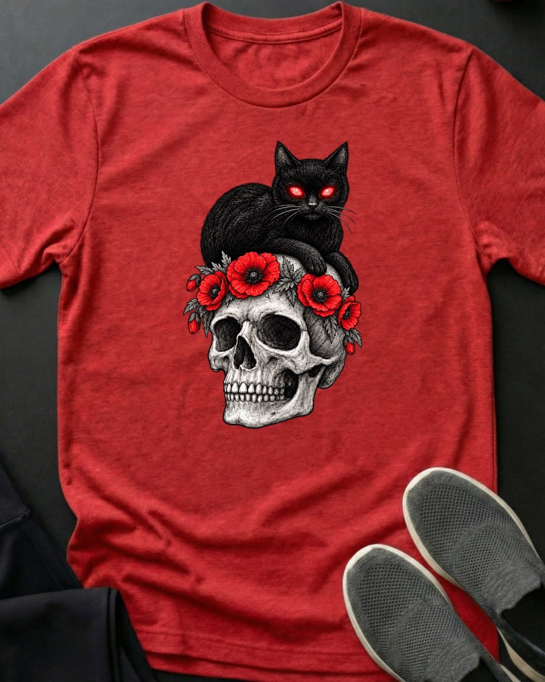 Poppy Skull Cat Tee in Red