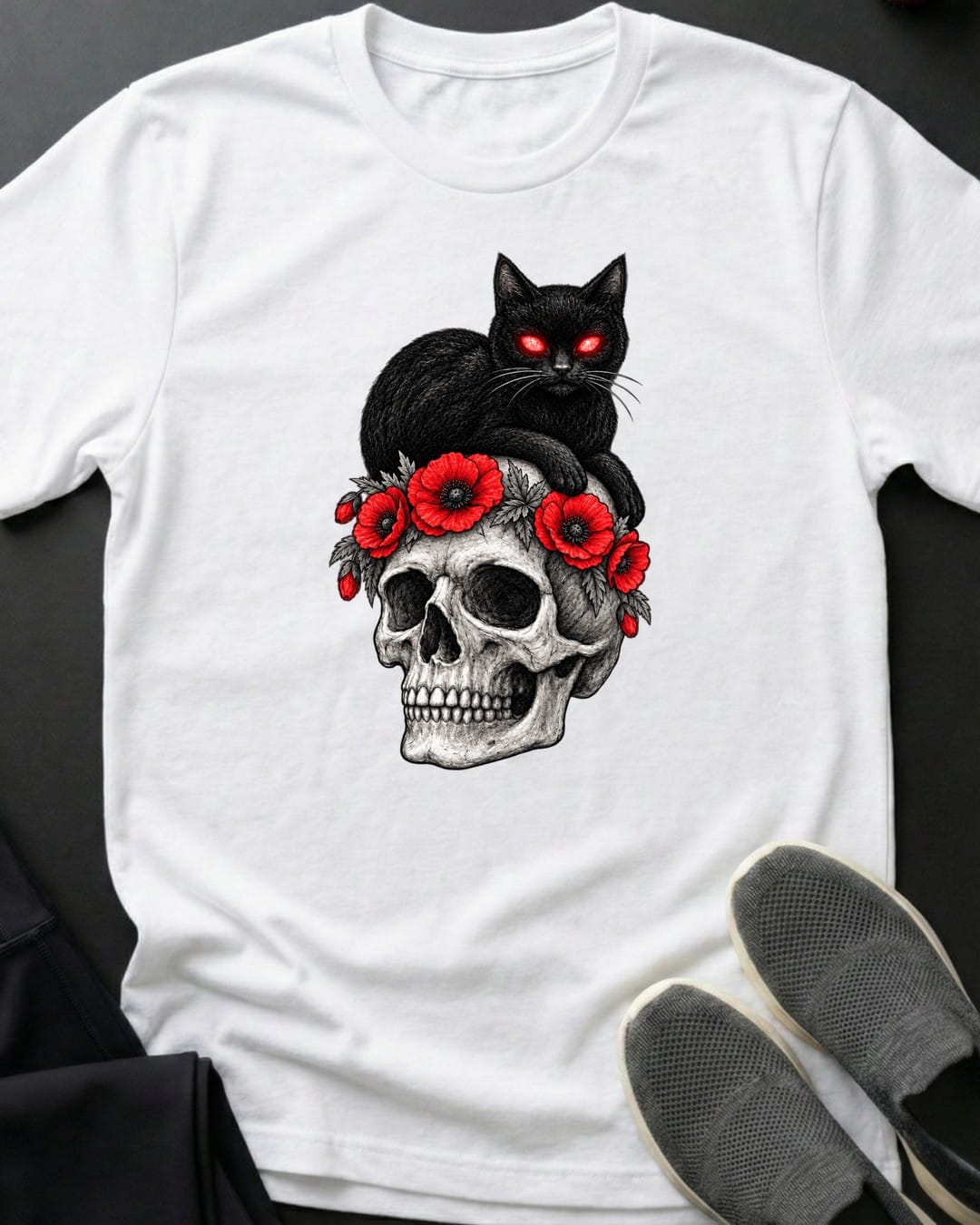 Poppy Skull Cat Tee in White