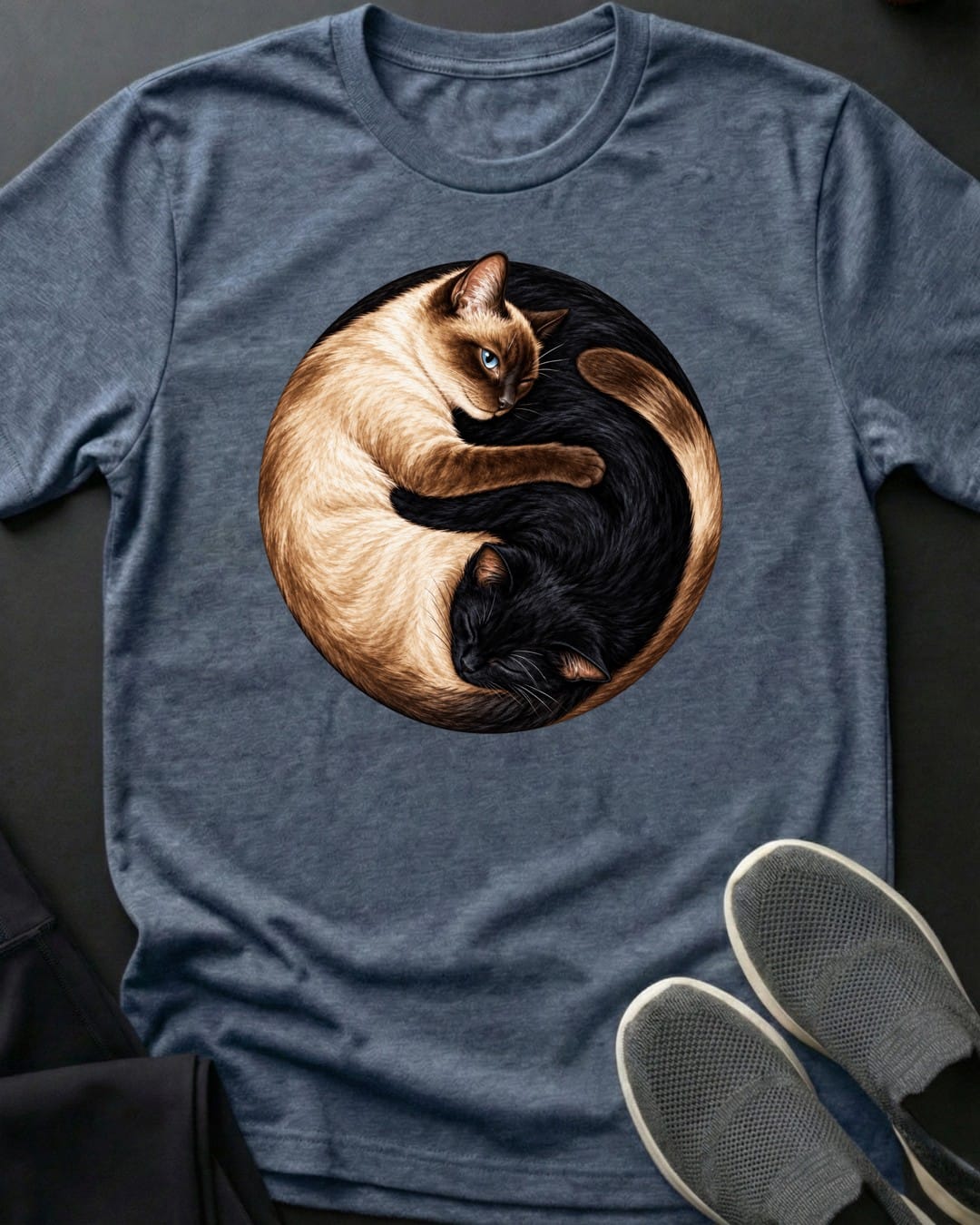 Yin Yang Cats Tee in Heather Indigo