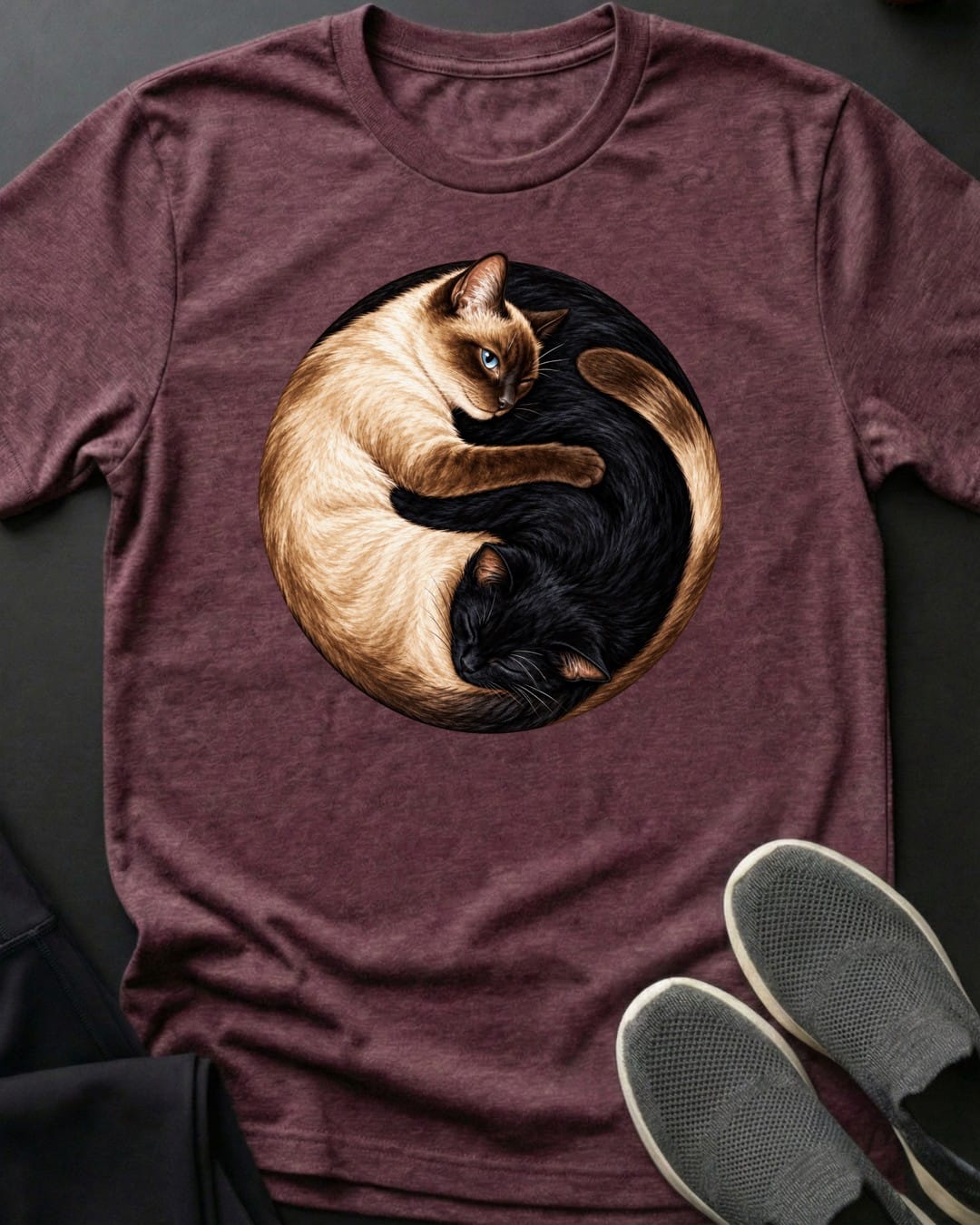 Yin Yang Cats Tee in Heather Maroon