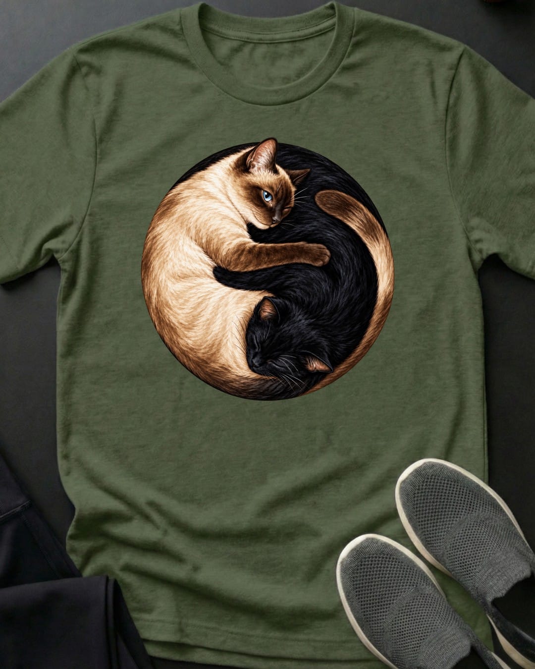 Yin Yang Cats Tee in Military Green