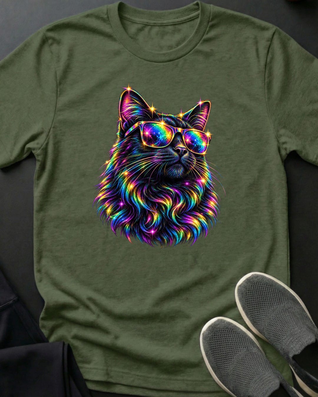 Rainbow Shades Cat Tee in Military Green