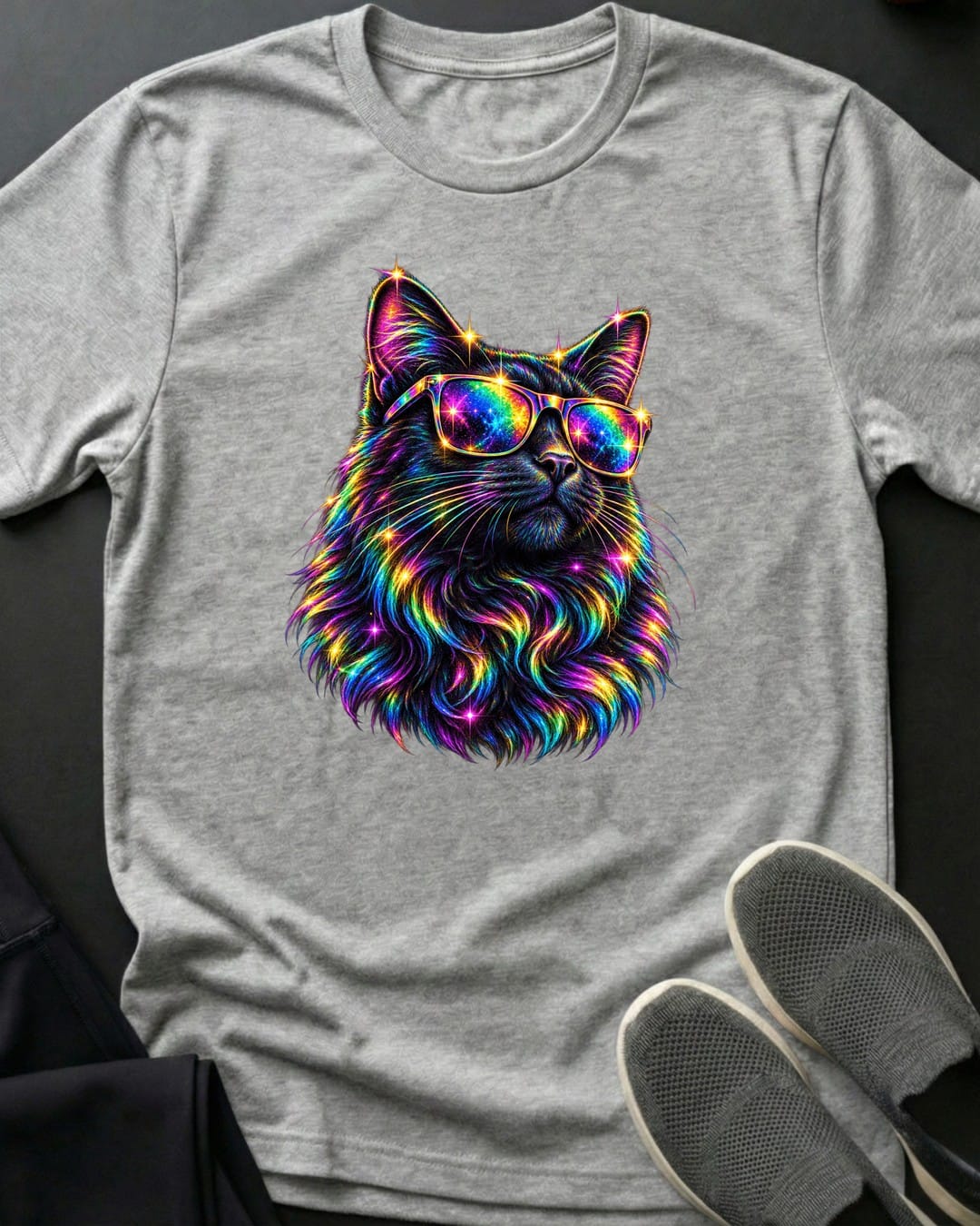 Rainbow Shades Cat Tee in Sport Grey