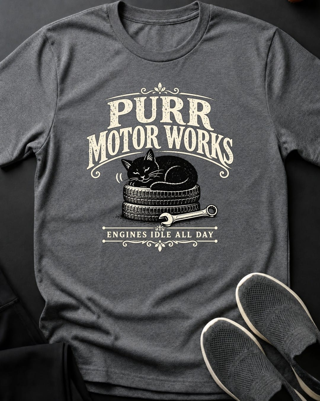 Purr Motor Works Tee in Graphite Heather