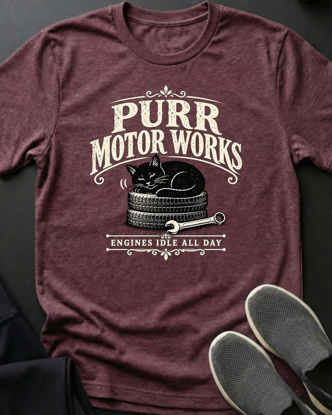 Purr Motor Works Tee in Heather Maroon