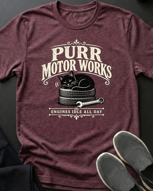 Purr Motor Works Tee in Heather Maroon