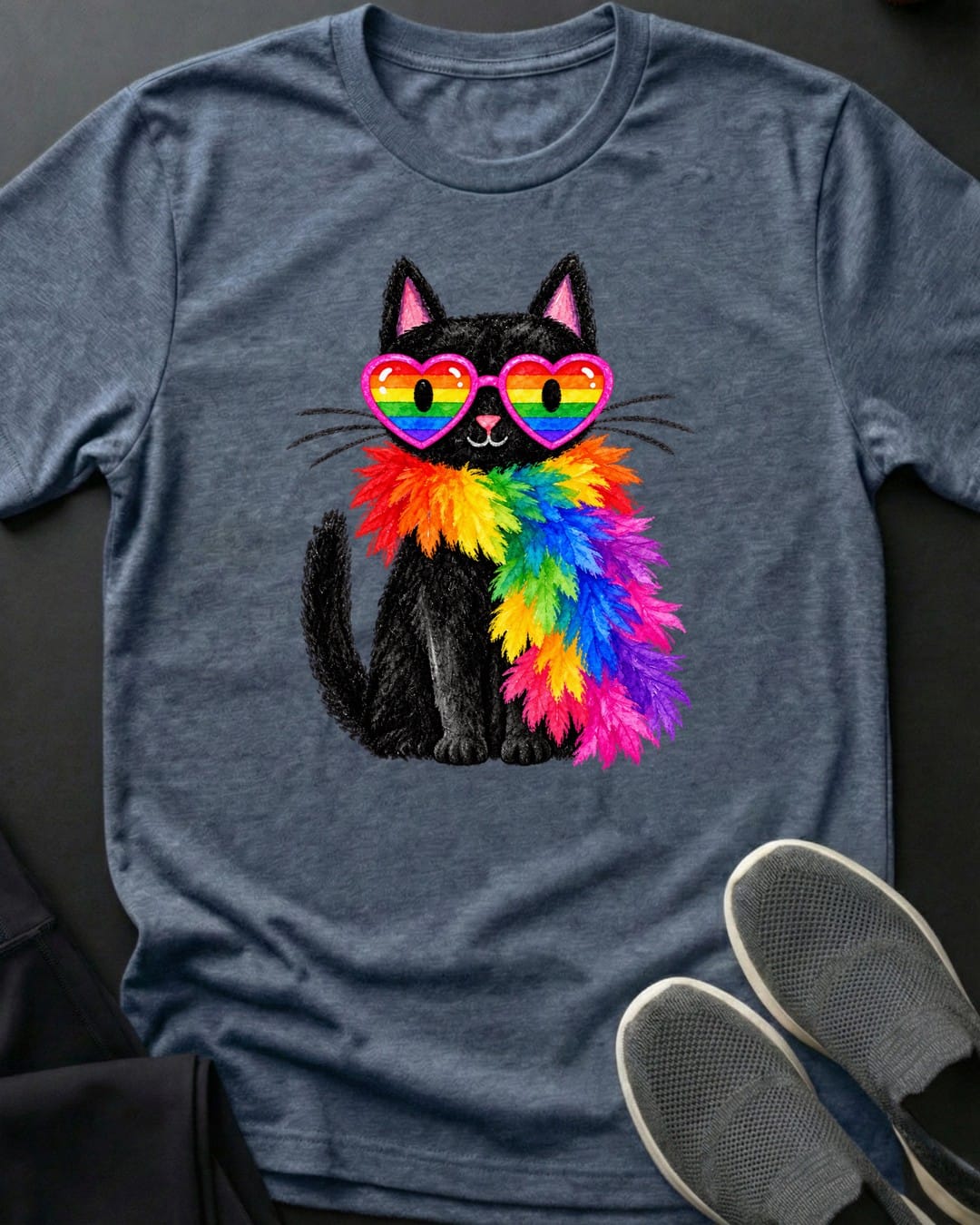 Feather Boa Cat Tee in Heather Indigo