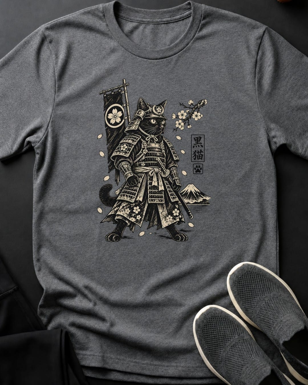 Armored Samurai Cat Tee in Graphite Heather