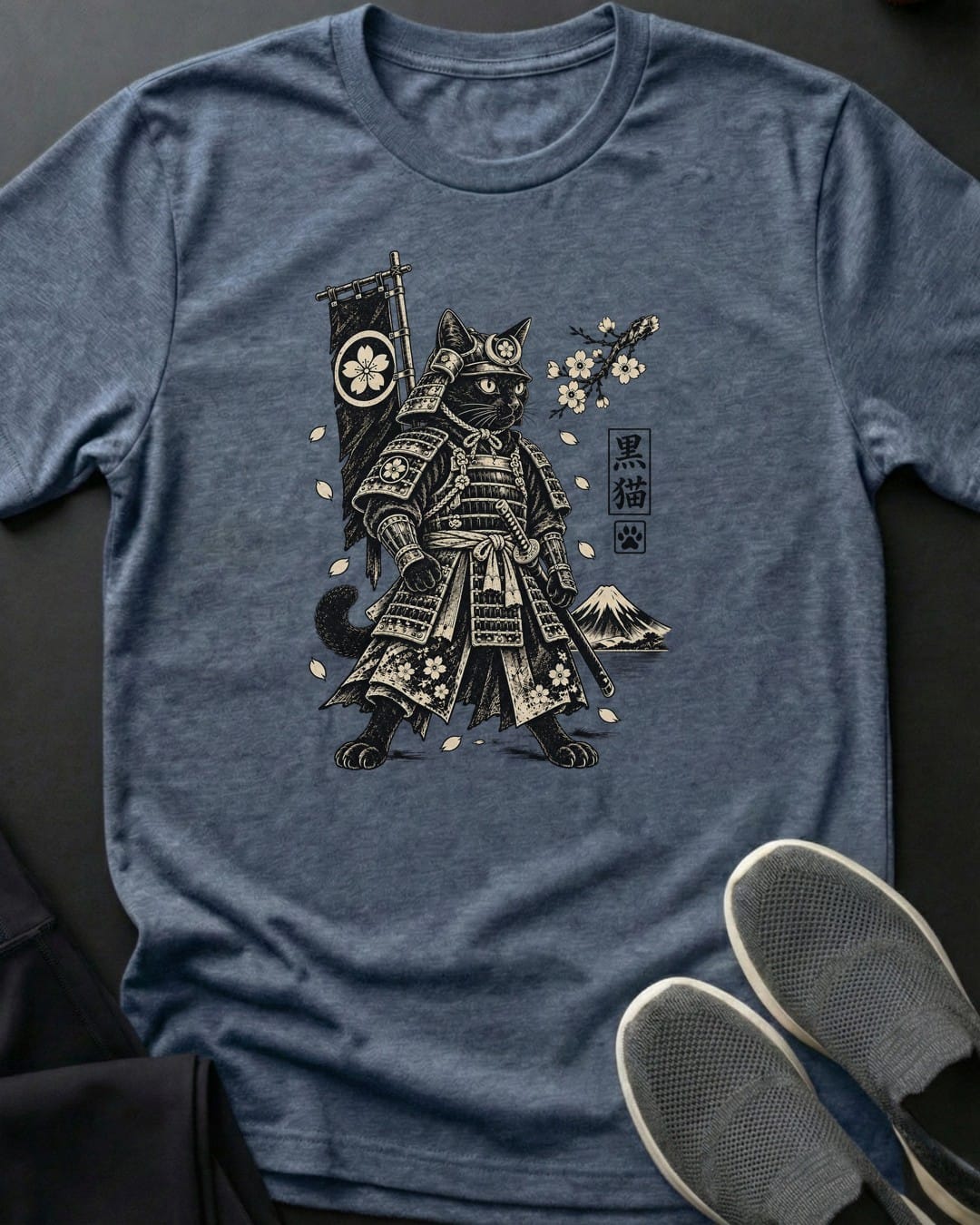 Armored Samurai Cat Tee in Heather Indigo