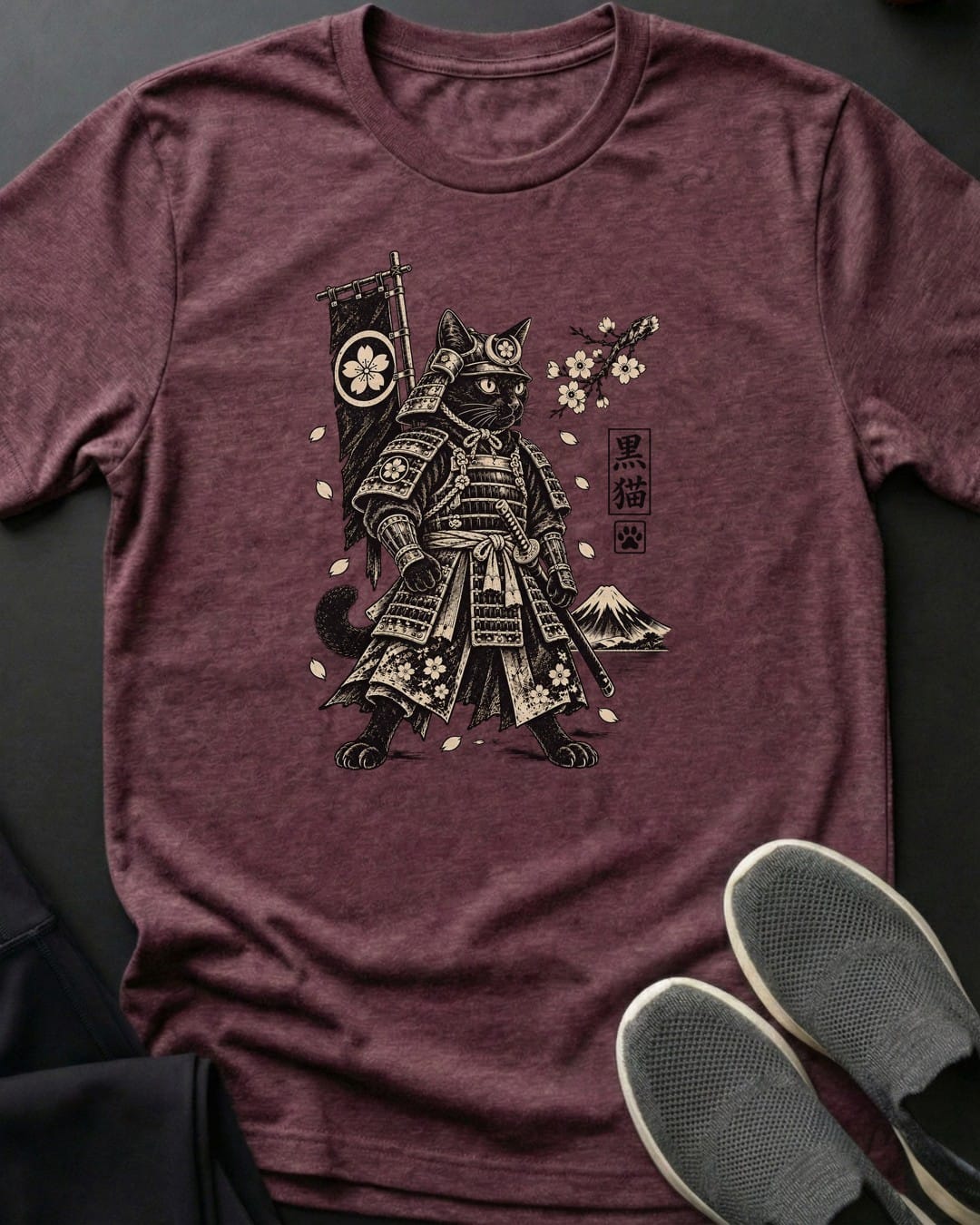Armored Samurai Cat Tee in Heather Maroon