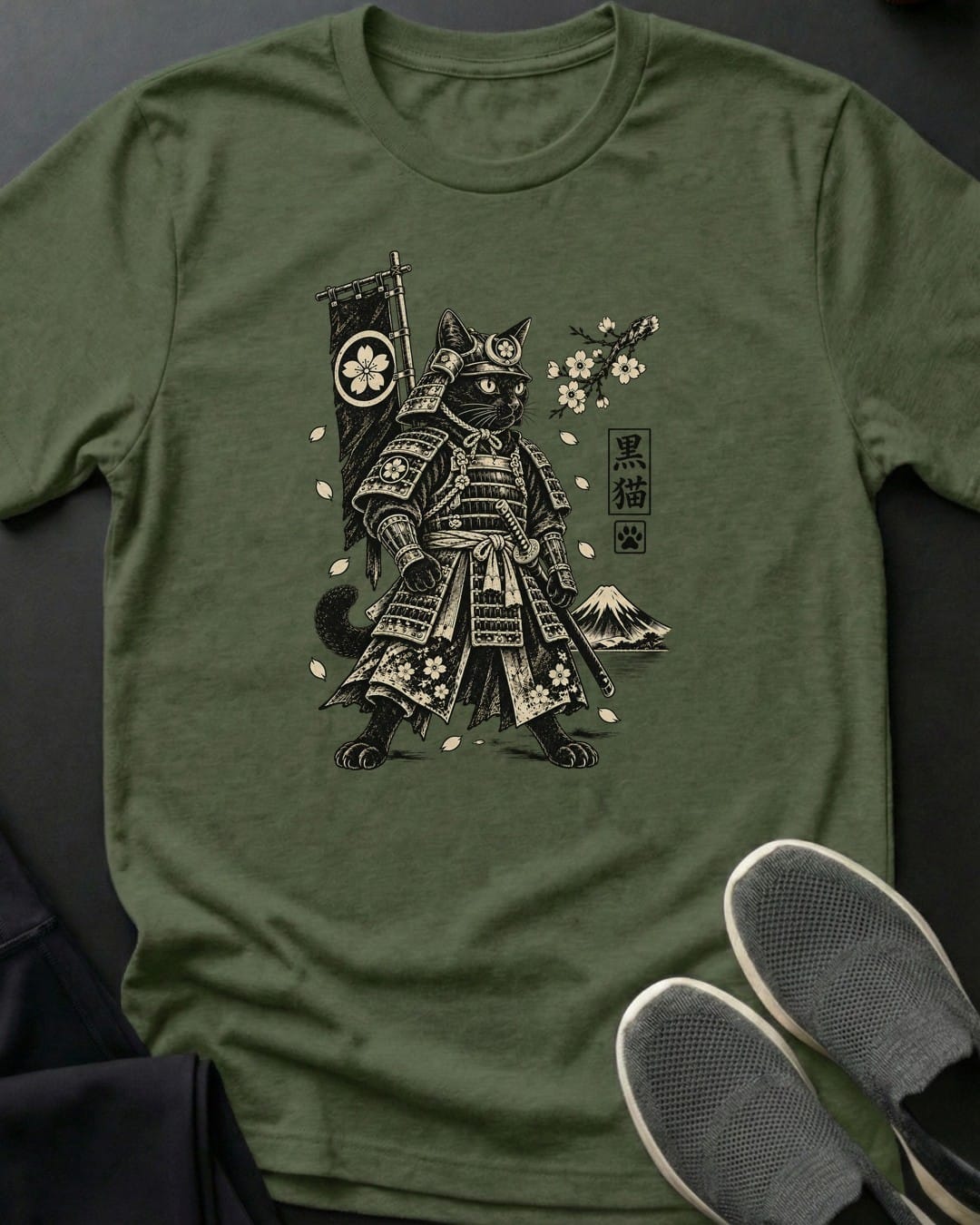 Armored Samurai Cat Tee in Military Green