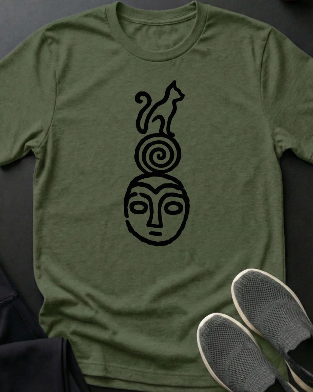 Petroglyph Cat Tee in Military Green