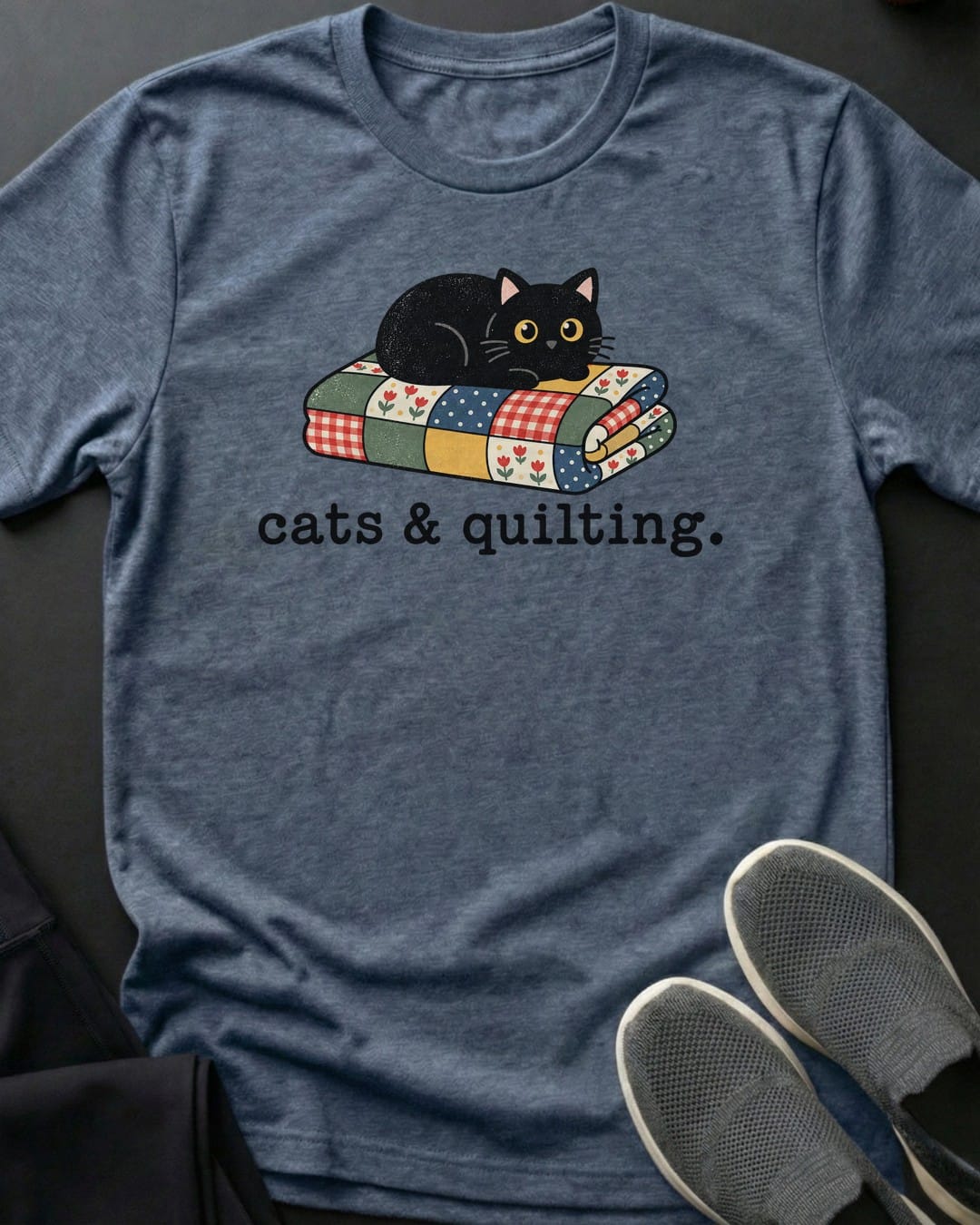 Cats & Quilting Tee in Heather Indigo