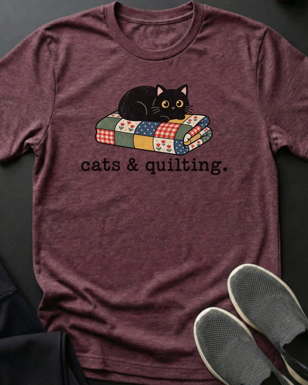Cats & Quilting Tee in Heather Maroon
