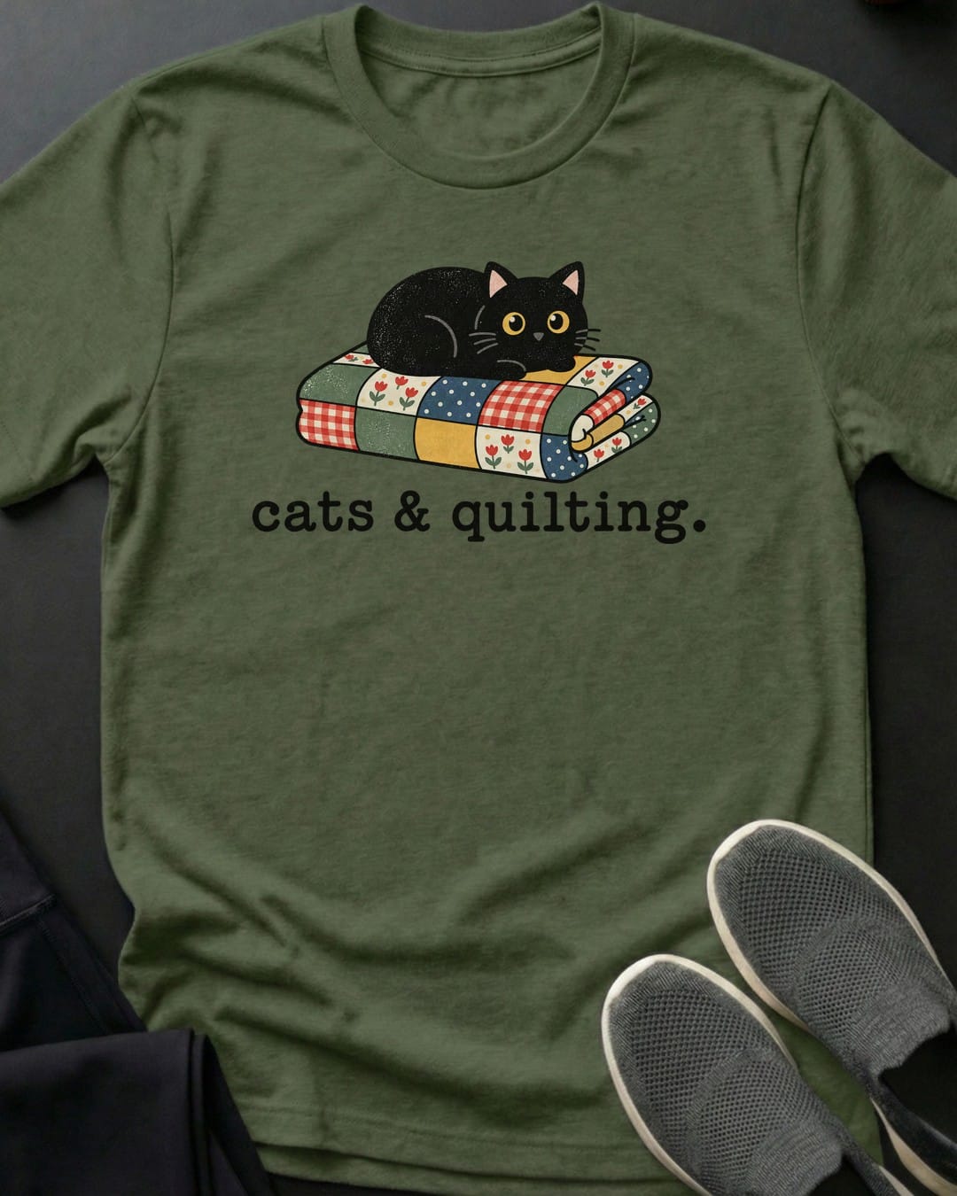 Cats & Quilting Tee in Military Green