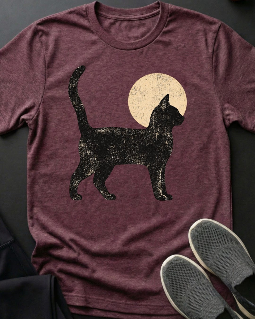 Moon Walk Cat Tee in Heather Maroon