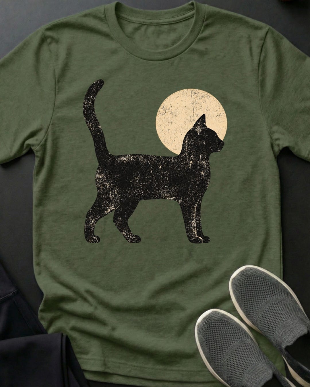 Moon Walk Cat Tee in Military Green
