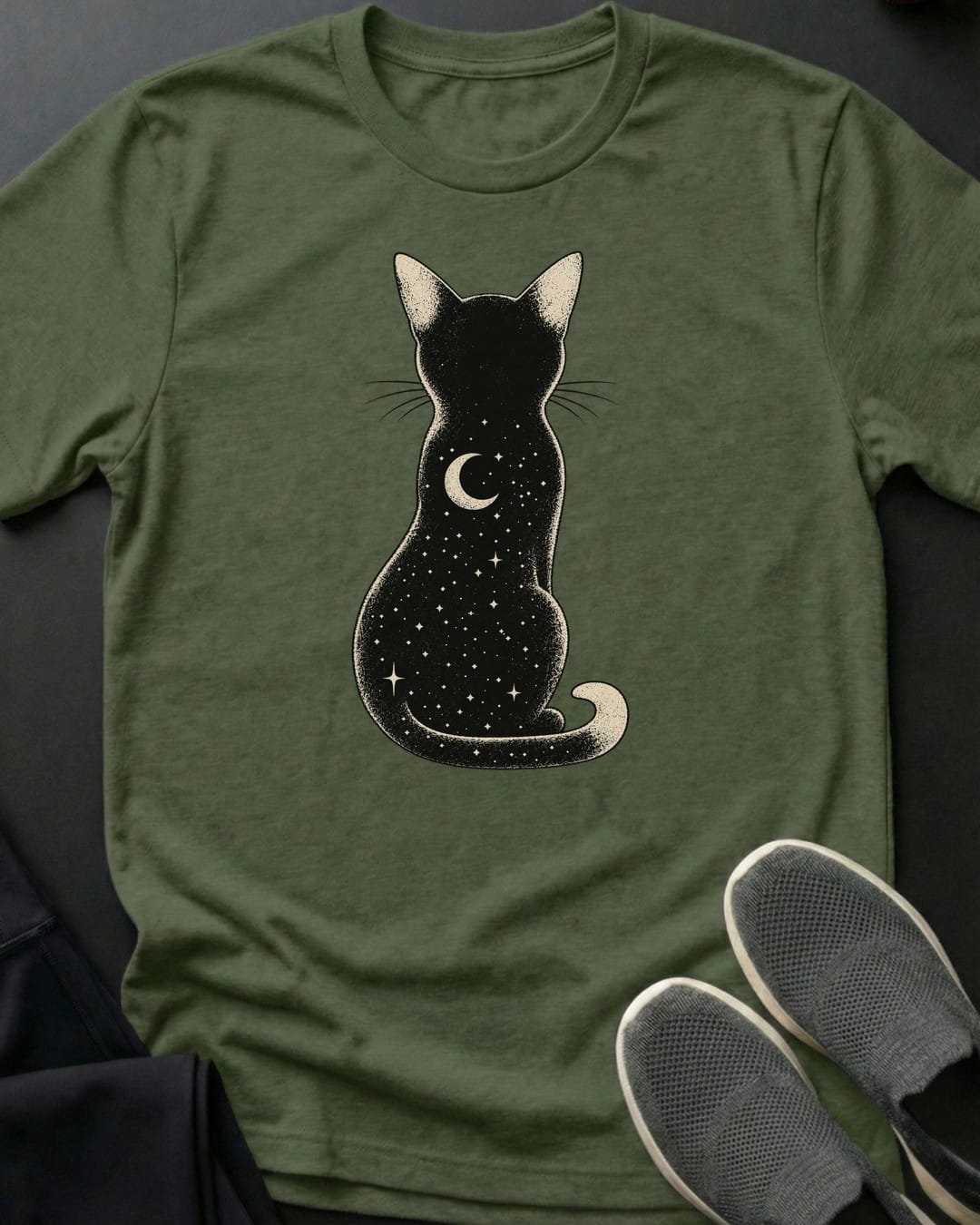 Starry Back Cat Tee in Military Green