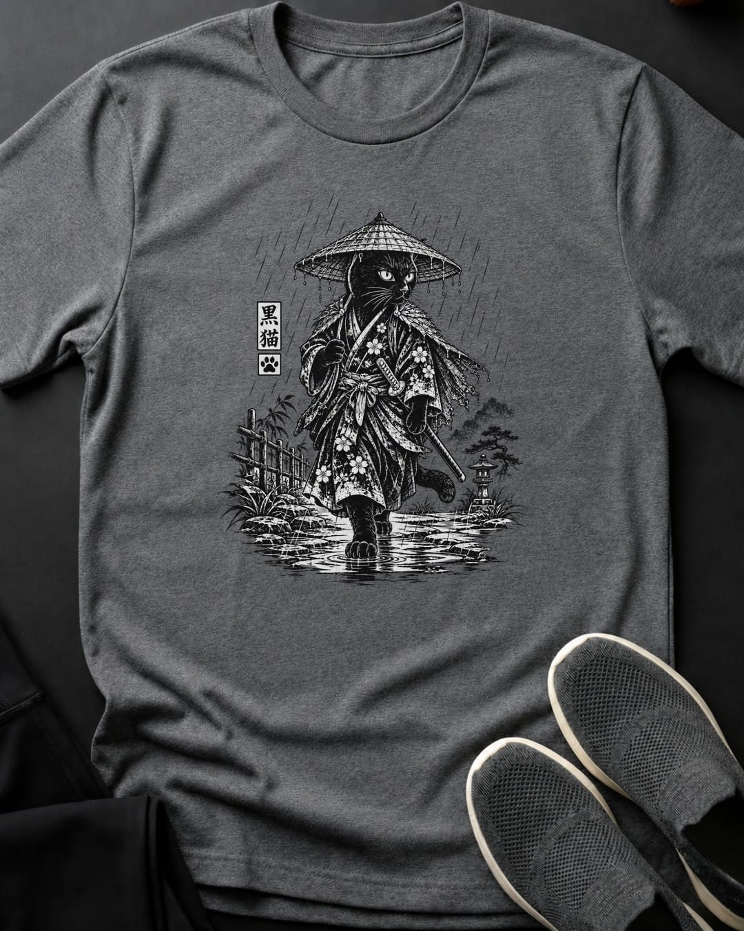 Rain Samurai Cat Tee in Graphite Heather