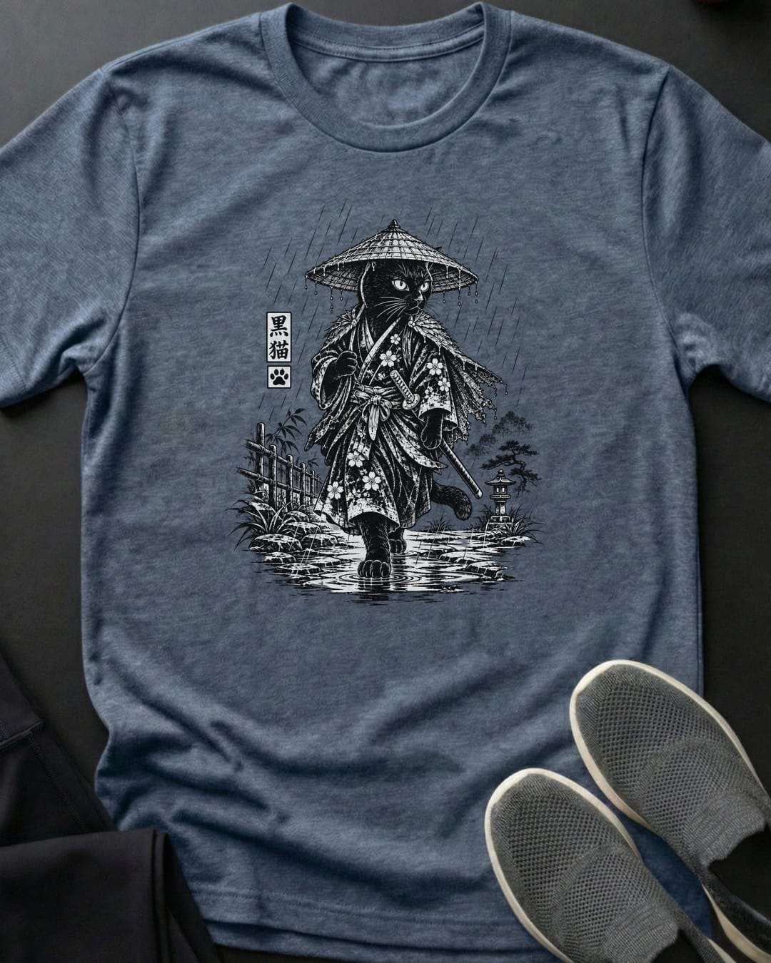 Rain Samurai Cat Tee in Heather Indigo