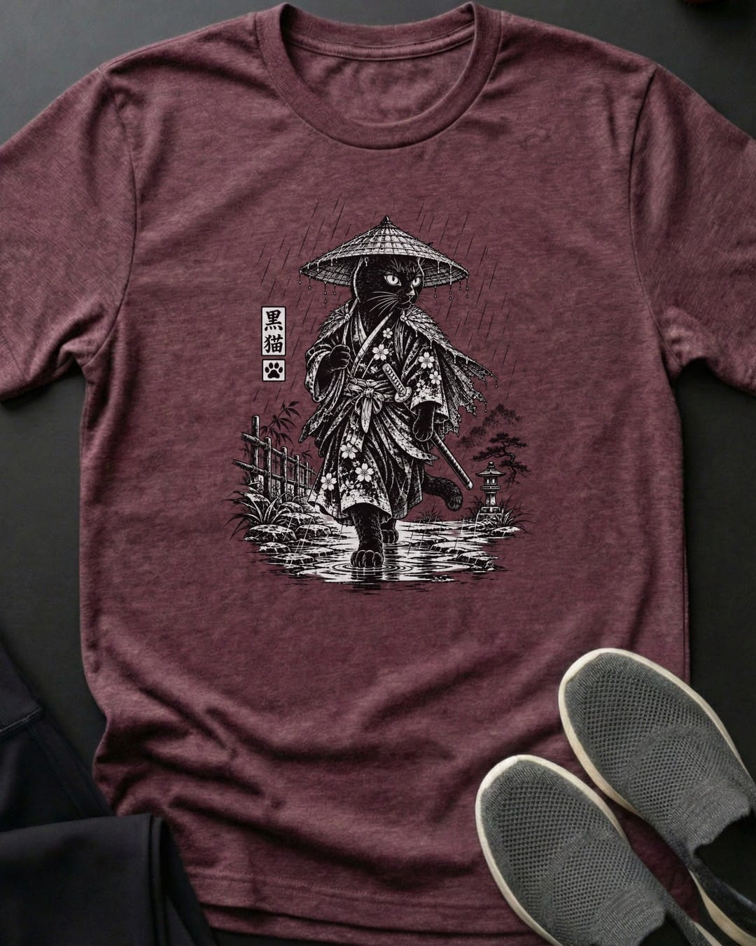 Rain Samurai Cat Tee in Heather Maroon