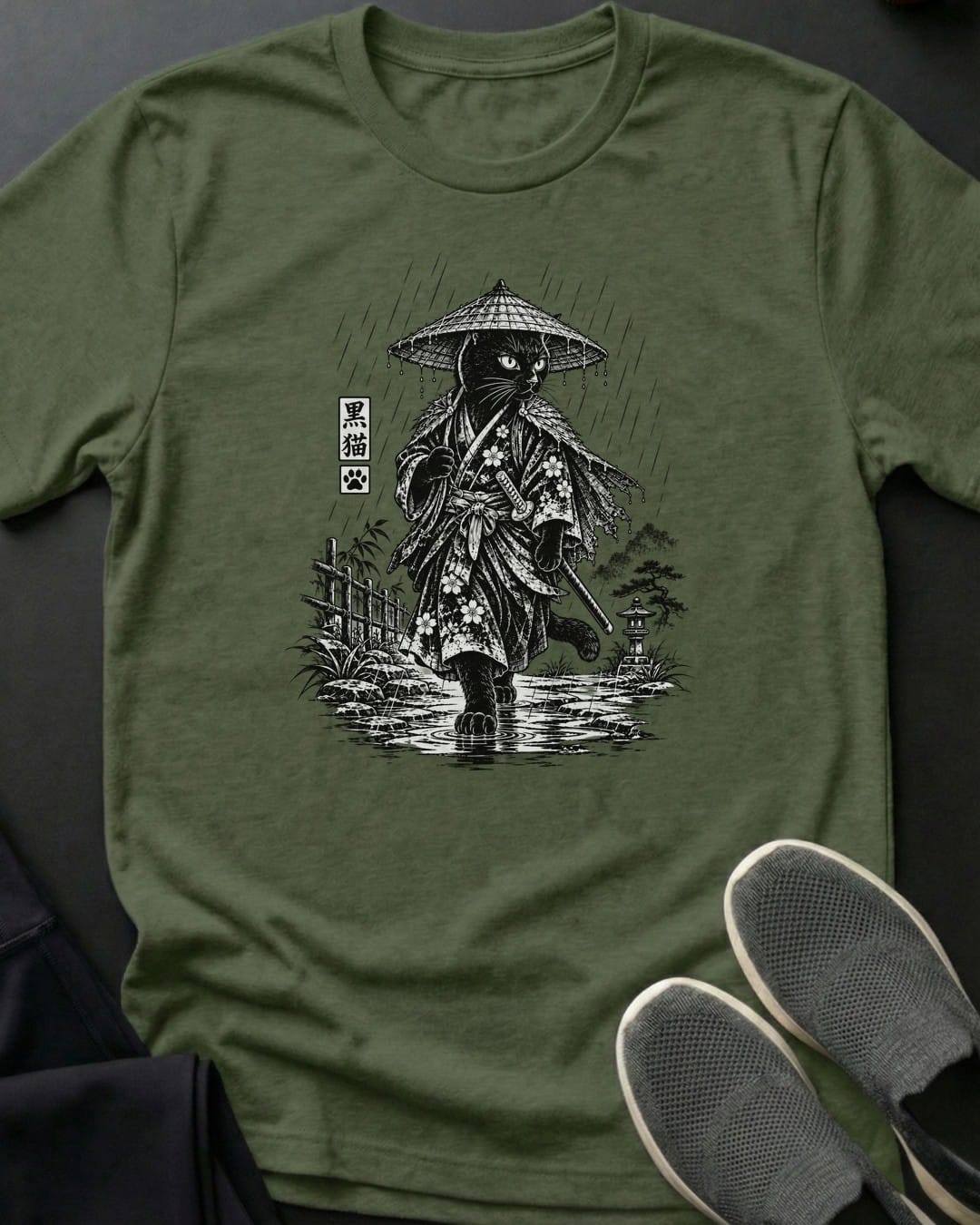Rain Samurai Cat Tee in Military Green