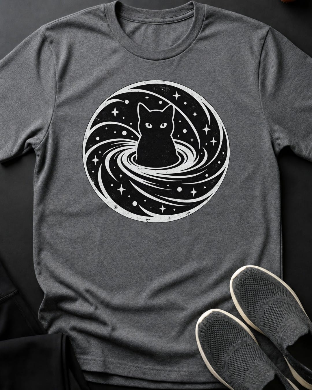 Cosmic Vortex Cat Tee in Graphite Heather