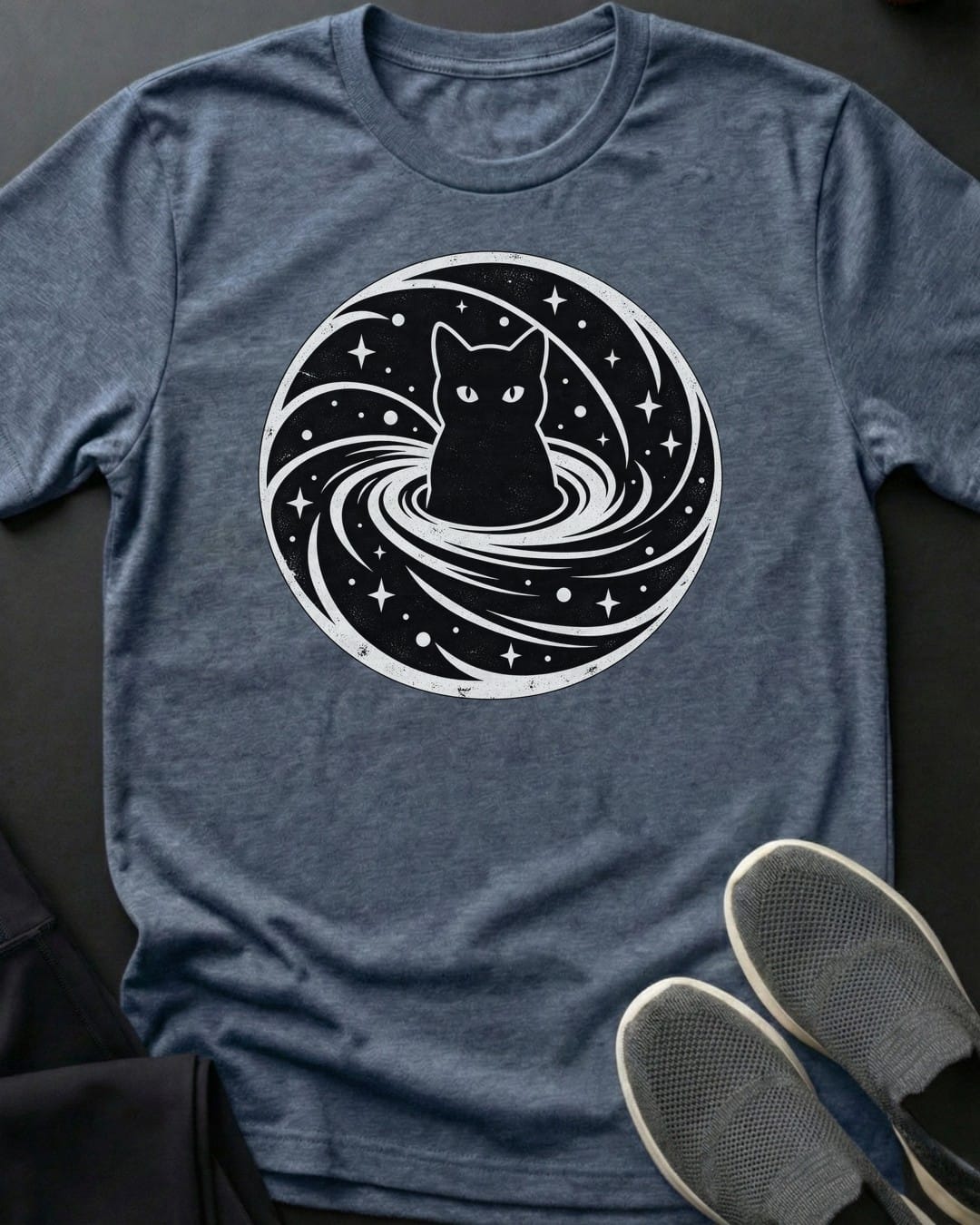 Cosmic Vortex Cat Tee in Heather Indigo