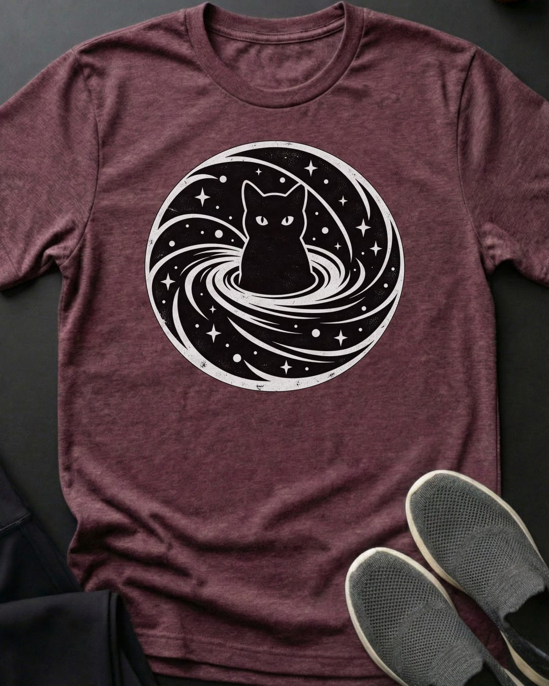 Cosmic Vortex Cat Tee in Heather Maroon