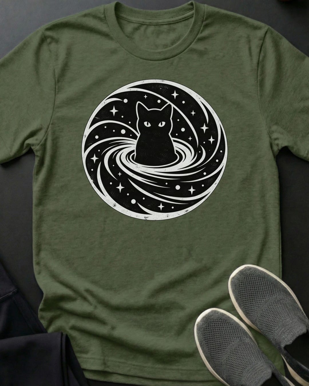 Cosmic Vortex Cat Tee in Military Green